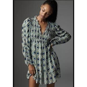 Anthropologie Long-Sleeve V-Neck Ruffle Mini Dress